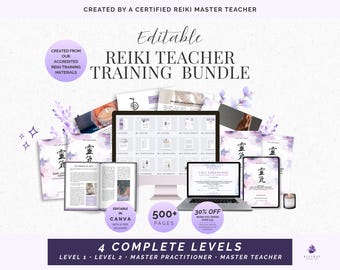 Puede incluir: Un paquete de formación para profesores de Reiki editable con más de 500 páginas en 4 niveles. El conjunto incluye un monitor de ordenador y un portátil con materiales de formación, manuales impresos con detalles en acuarela morada.