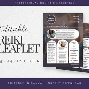 Puede incluir: Diseño de folleto de Reiki con el texto "Editable Reiki Leaflet". El diseño incluye espacio para un logotipo e información de contacto, con opciones para tamaños A5, A4 y US Letter. El folleto es editable en Canva y de descarga instantánea.
