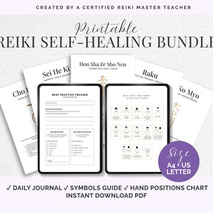Könnte beinhalten: Ein druckbares Reiki-Selbstheilungs-Set mit mehreren Seiten, die Symbole wie Cho Ku Rei, Sei He Ki, Hon Sha Ze Sho Nen, Raku und Ko Myo zeigen. Enthält einen Übungstracker, eine Handpositionstabelle sowie Angaben zu A4- und US-Letter-Formaten.