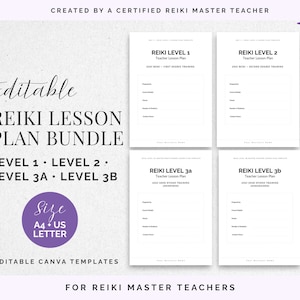 Reiki Lesson Plan Bundle | Editable Canva Reiki Teacher Training Templates | Level 1, Level 2, Level 3A & 3B Course Planner | A4 + US LETTER