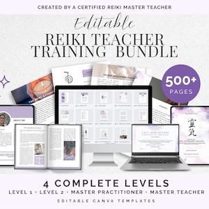 Reiki Teacher Manual Bundle | Level 1, 2, Master Practitioner + Master Teacher | Editable Canva Manuals, Workbooks & Certificates