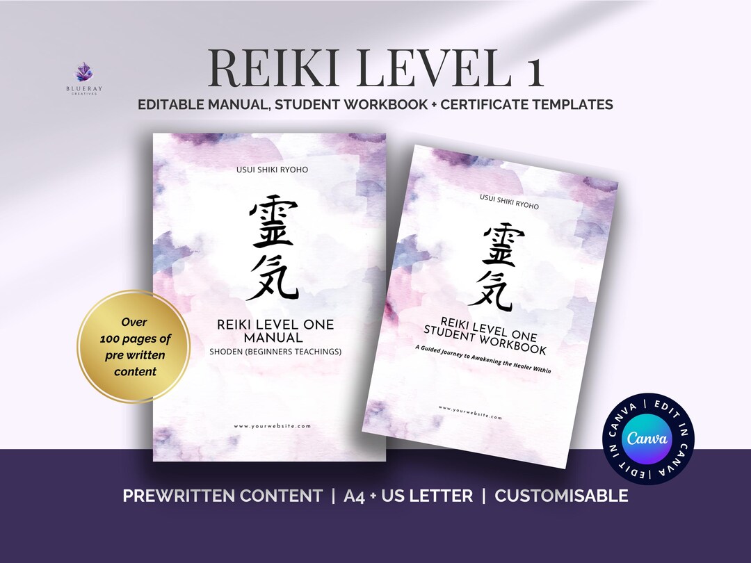 Reike Letters Reiki Level 1 Manual Bundle • Editable Lilac Canva Templates • Manual ...