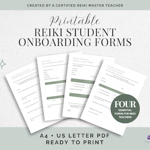 May include: Four printable Reiki student onboarding forms in A4 and US Letter PDF sizes. The documents feature black text on white paper with sage green accents, including a registration form, application form, and health intake form.