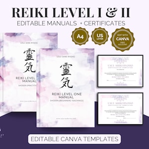 レイキ レベル I & II マニュアル + 証明書 - 編集可能な Canva テンプレート A4 + US レター