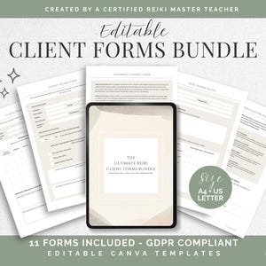 Paquete de formularios para clientes de Reiki / Formularios de admisión, consentimiento, notas SOAP y registro de sesión que cumplen con el RGPD / Plantillas editables de Canva