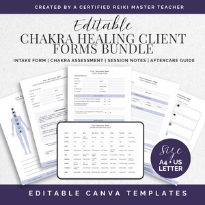 Può includere: Un pacchetto di moduli modificabili per la guarigione dei chakra che include modulo di ammissione, valutazione, note di sessione e guida post-trattamento. I documenti contengono testo, un diagramma di figura umana e una tabella. Formato A4 e US Letter.