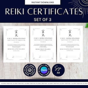 Reiki-Zertifikate - Usui Reiki-Zertifikat - Level 1, 2 und Master Prancer - Reiki-Zertifikat bearbeitbare Vorlagen - PDF