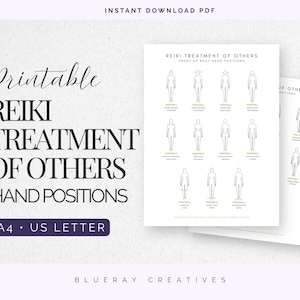 以下が含まれることがあります： Reiki Treatment of Others Hand Positionsと題された印刷可能なPDFガイド。エネルギーワークのための様々な手の配置を示す人間の黒い線画が描かれています。A4およびUSレターサイズが含まれています。