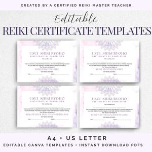 May include: Four editable Reiki certificate templates featuring a light purple watercolor mandala design. The text includes Usui Shiki Ryoho Certificate of Completion for First Degree, Second Degree, Master Practitioner, and Master Teacher levels.