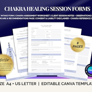 Chakra Healing Session Forms: Client Intake, Energy Healing, Editable Canva Templates, A4 + US LETTER