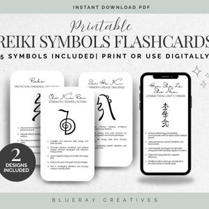 May include: Printable Reiki symbols flashcards featuring five distinct symbols with descriptive text. The cards display black ink symbols on white backgrounds, including Cho Ku Rei, Sei He Ki, and Hon Sha Ze Sho Nen, presented on paper and a smartphone screen.
