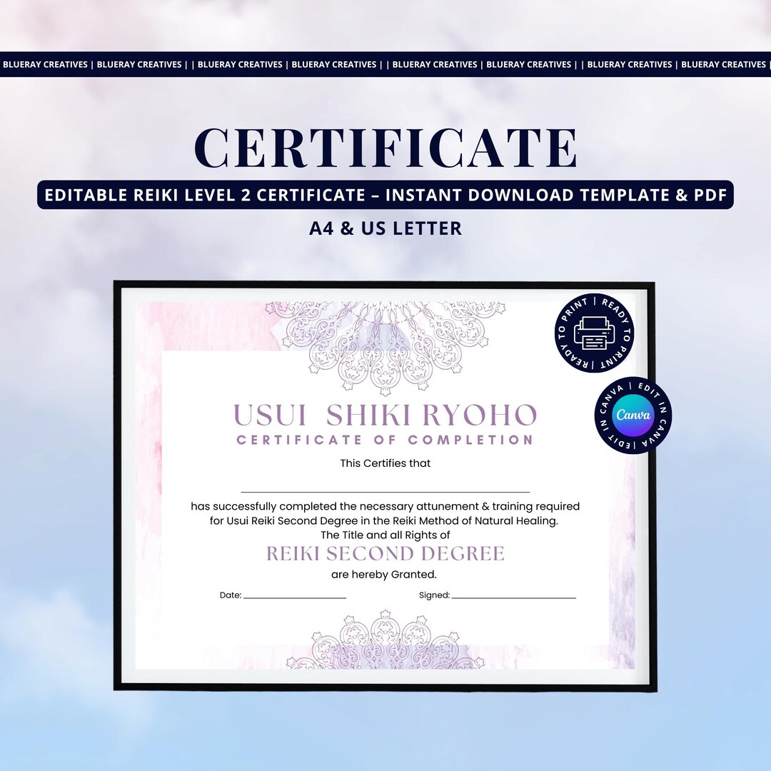 Reike Letters Reiki Level 2 Certificate Editable Template | Canva Editable | A4 & US ...