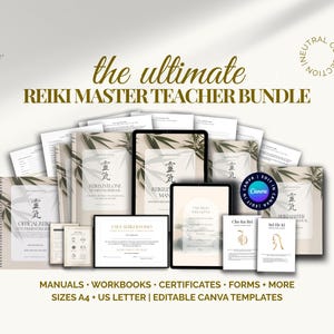 Reiki Teaching Bundle, Manuals, Student Workbooks, Certificates, Client Forms, Reiki Symbols PDF | Neutral Design - Editable Canva Templates