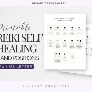 May include: A printable Reiki self-healing hand positions guide in PDF format. The document features black line illustrations of various hand placements for self-treatment, labeled with text. It includes A4 and US Letter size options.