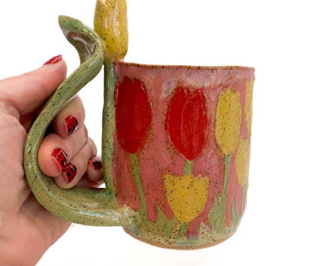 Yellow Tulip Flower sculpted mug handmade