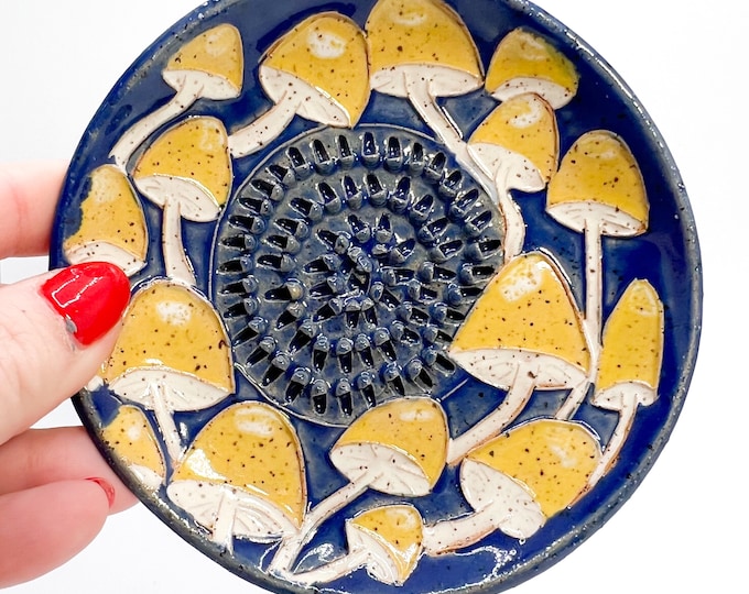 Yellow Cap lots of Mushrooms Garlic Grater handmade