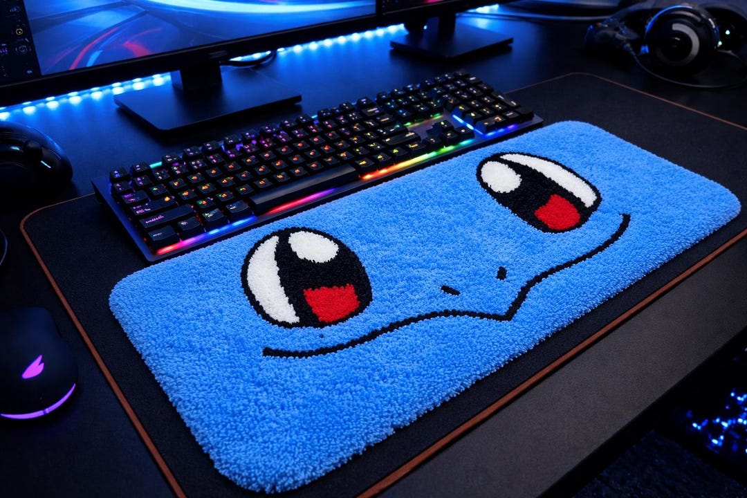 Mouse Pad Tuft Rug Handmade Tufted Desk Mat, Cute Blue Character Desk Rug, Gaming Desk ...