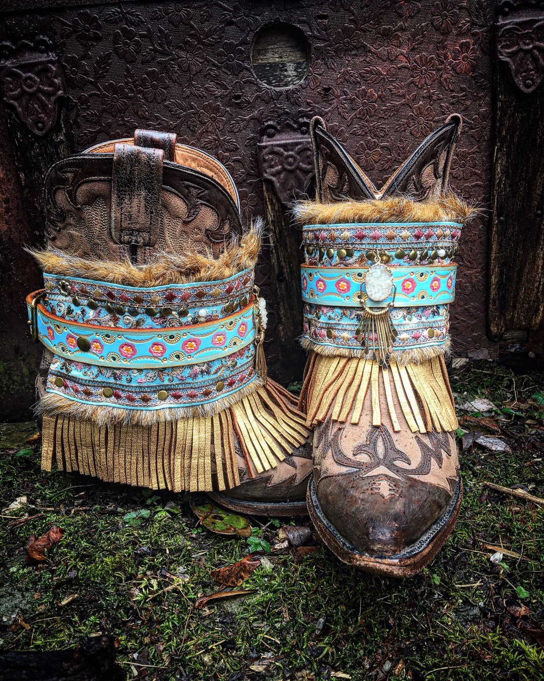 Shabby Chic Boho Adjustable Boot Wraps, Hand Tooled / Hand Painted