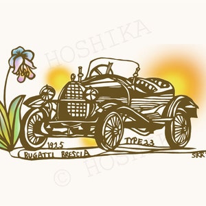 1925 Bugatti Brescia Type23, Vintage Car Series, estampas de Kiri-e (arte em papel cortado à mão), conjunto de 6 cartões comemorativos