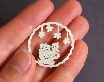 Pom Pom Beret Girl & Dog in Cup, Mini Coin-size Original Hand-cut Paper Art, Kiri-e Japanese Paper-cut Art, 1.25" (30 mm) Diameter