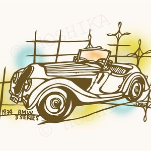 1934 BMW Série 3, Série de Carros Antigos, impressões de Kiri-e (arte em papel cortado à mão), conjunto de 6 cartões comemorativos