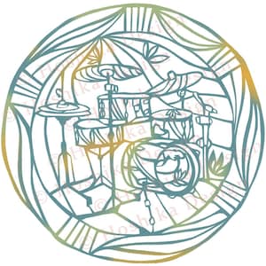 Drum Set, Kiri-e Japanese paper-cut style prints (set of 6 greeting cards)
