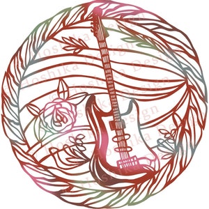 Guitar, Kiri-e Japanese paper-cut style prints (set of 6 greeting cards)