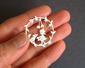 Pom Pom Beret Girl & Dog, Mini Coin-size Original Hand-cut Paper Art, Kiri-e Japanese Paper-cut Art, 1.25" (30 mm) Diameter