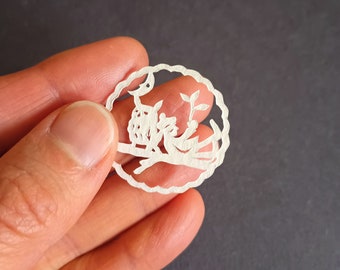 Pom Pom Beret Girl & Owl, Mini Coin-size Original Hand-cut Paper Art, Kiri-e Japanese Paper-cut Art, 1.25" (30 mm) Diameter