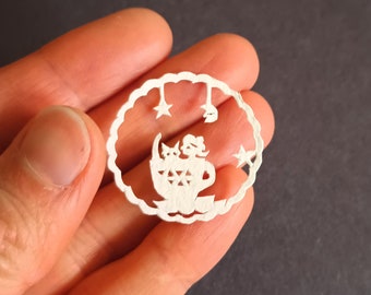 Pom Pom Beret Girl & Cat in Cup, Mini Coin-size Original Hand-cut Paper Art, Kiri-e Japanese Paper-cut Art, 1.25" (30 mm) Diameter