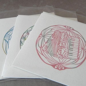 Assortment Instrument series, Kiri-e Japanese paper-cut style prints (set of 6 greeting cards)