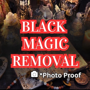 Può includere: Immagine con le parole "BLACK MAGIC REMOVAL" in lettere rosse. L'immagine include un libro, perline, monete, candele e altri oggetti mistici. Il testo "*Photo Proof" è visibile.