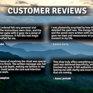 May include: Image featuring customer reviews against a backdrop of a mountain landscape. The text "CUSTOMER REVIEWS" is at the top. Four customer testimonials are displayed, each with a quote and a name.