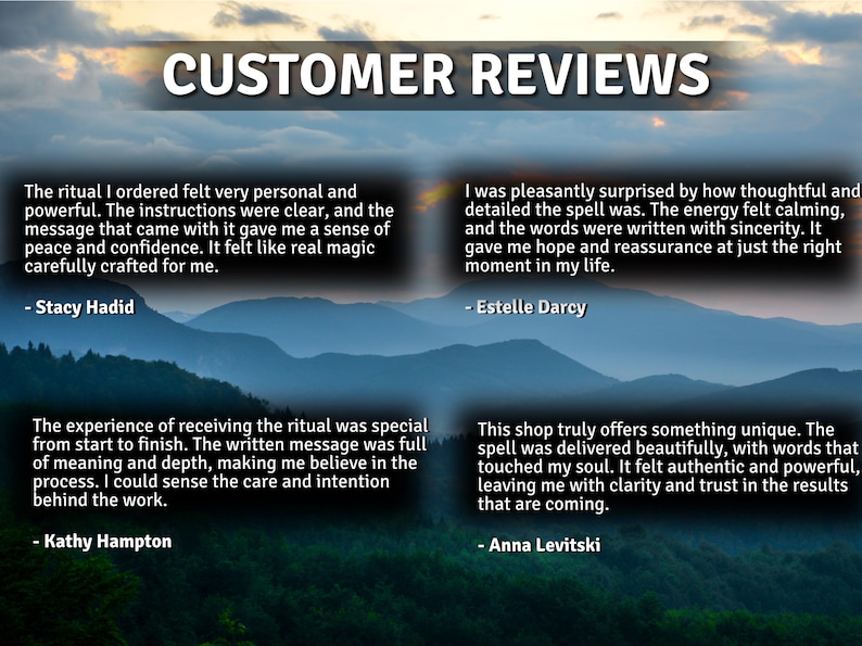May include: Image featuring customer reviews against a backdrop of a mountain landscape. The text "CUSTOMER REVIEWS" is at the top. Four customer testimonials are displayed, each with a quote and a name.
