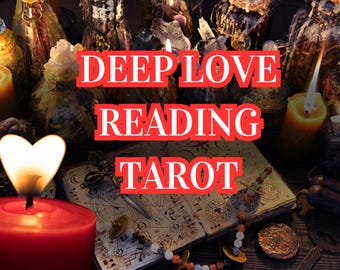 May include: A mystical scene with lit candles, a heart-shaped candle, and a tarot card reading. The text "DEEP LOVE READING TAROT" is displayed in red. Other items include a book, beads, and a key.