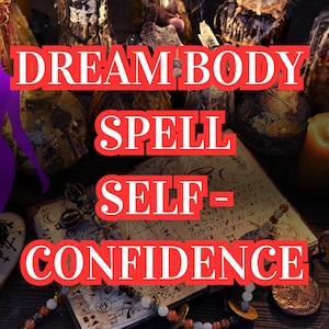 Pode incluir: Uma cena mística com uma silhueta roxa, velas e um livro. O texto "DREAM BODY SPELL SELF-CONFIDENCE" está sobreposto em vermelho. A imagem evoca temas de espiritualidade e autoconfiança.