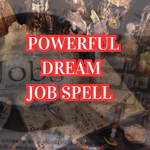 K&ouml;nnte beinhalten: Ein Bild mit dem Text "POWERFUL DREAM JOB SPELL" in Rot vor einem verschwommenen Hintergrund aus Kerzen, einer Tastatur und einem Buch. Das Bild hat ein mystisches Thema und deutet auf ein spirituelles oder okkultes Produkt hin.