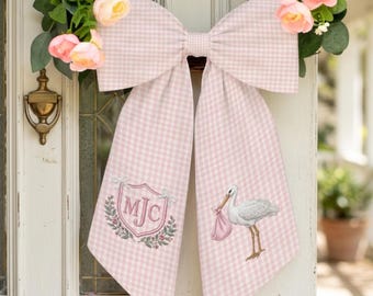 Baby Announcement Wreath Sash, Blue Seersucker Stork Door Sash, Personalized Baby Initial, New Baby Door Decor