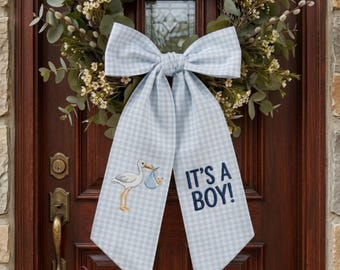 Embroidered Newborn Name Sash Bow, Personalized Seersucker Basket Ribbon, Custom Monogram Baby Bow, Boy Girl Hospital Door Decor