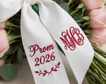 Embroidered Prom Couple Bouquet Sash, Graduation Name Ribbon Bouquet Sash, Personalized Monogram Ribbon, Gift for Her