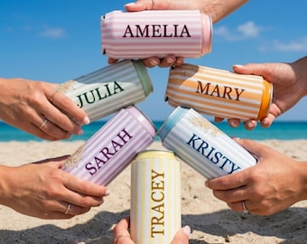 Striped Name Can Cooler Personalized Bridesmaid Gifts, Custom Bridal Party Proposal Box Favors