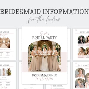 May include: A wedding information graphic with the text "BRIDESMAID INFORMATION for the ladies". The graphic includes details about the venue, attire, party, and hair and makeup. The central image shows a bride with bridesmaids.