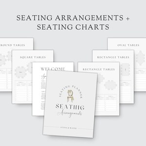 May include: A set of printable seating charts for a wedding or other event. The charts include layouts for round, square, oval, and rectangular tables. The charts are designed in a minimalist style with a light gray background and black text. The text on the cover reads "Seating Planner" and "Seating Arrangements".