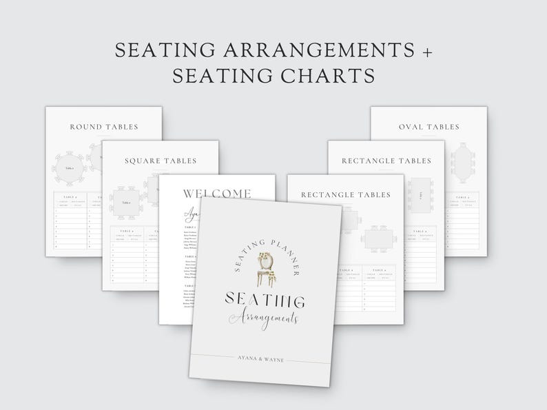 May include: A set of printable seating charts for a wedding or other event. The charts include layouts for round, square, oval, and rectangular tables. The charts are designed in a minimalist style with a light gray background and black text. The text on the cover reads "Seating Planner" and "Seating Arrangements".