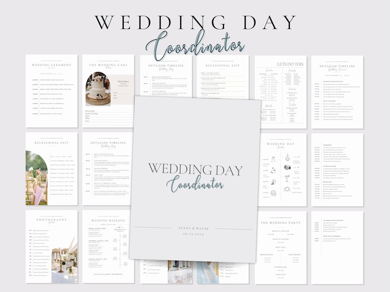 以下が含まれることがあります： 結婚式当日のコーディネーターのための印刷可能なチェックリスト。結婚式、披露宴、詳細なタイムライン、結婚式パーティーなど、さまざまなセクションがあります。このチェックリストは、結婚式コーディネーターが整理整頓し、スケジュール通りに進むのに役立ちます。