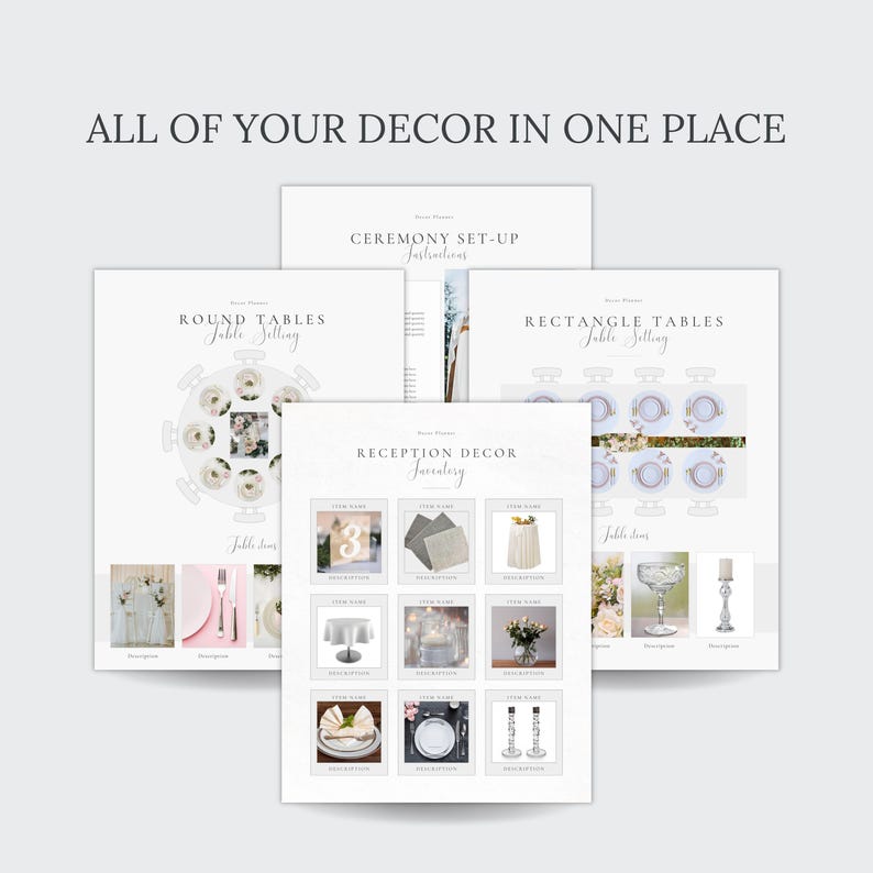 May include: Wedding reception decor planning guide with images of table settings, centerpieces, and other decor items. Includes round and rectangle table layouts, table numbers, napkins, candles, and floral arrangements.
