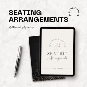May include: A digital planner with a pink chair illustration and the text "SEATING PLANNER" and "SEATING Arrangements" on a white background. The text "AYANA & WAYNE" is at the bottom of the page.