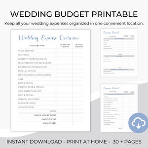 Puede incluir: Planificador de presupuesto de boda imprimible con un icono de nube azul. El planificador incluye secciones para gastos de lugar, contratación de personal, flores y decoración de la ceremonia, flores y decoración de la pre-recepción, flores y decoración de la recepción, música e iluminación, fotógrafo y videógrafo, pastel, comida y bebidas, ropa de boda y accesorios, cabello, maquillaje y belleza, regalos y favores, papelería de boda, transporte, otros gastos, total, total del presupuesto general, cantidad gastada y cantidad restante.