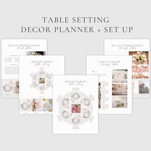 以下が含まれることがあります： 丸テーブルと長方形のテーブルの指示を含む、印刷可能なウェディングテーブルセッティングプランナーとデコレーションガイド。ガイドには、テーブルセッティング図とデコレーションのインスピレーションが含まれています。