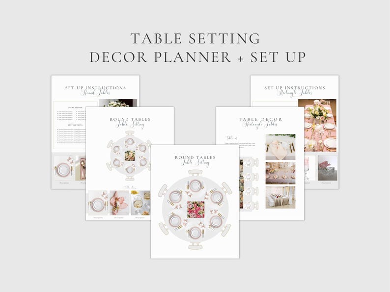 以下が含まれることがあります： 丸テーブルと長方形のテーブルの指示を含む、印刷可能なウェディングテーブルセッティングプランナーとデコレーションガイド。ガイドには、テーブルセッティング図とデコレーションのインスピレーションが含まれています。